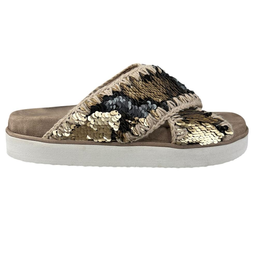 Mou Women’s Bio Criss Cross Black Gold Sequin Sandal Size 39 US 9